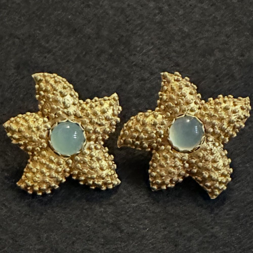 Julie Vos Gold Starfish Clip Earrings with Blue-Green Stone